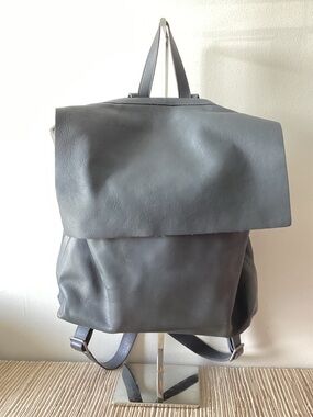 Eileen Fisher Charcoal Grey Leather Flap Backpack Purse Bag